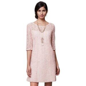 Anthropologie Maeve Lefkara Pink Lace Dress 3/4 Sleeve Sheath Pockets Size XS